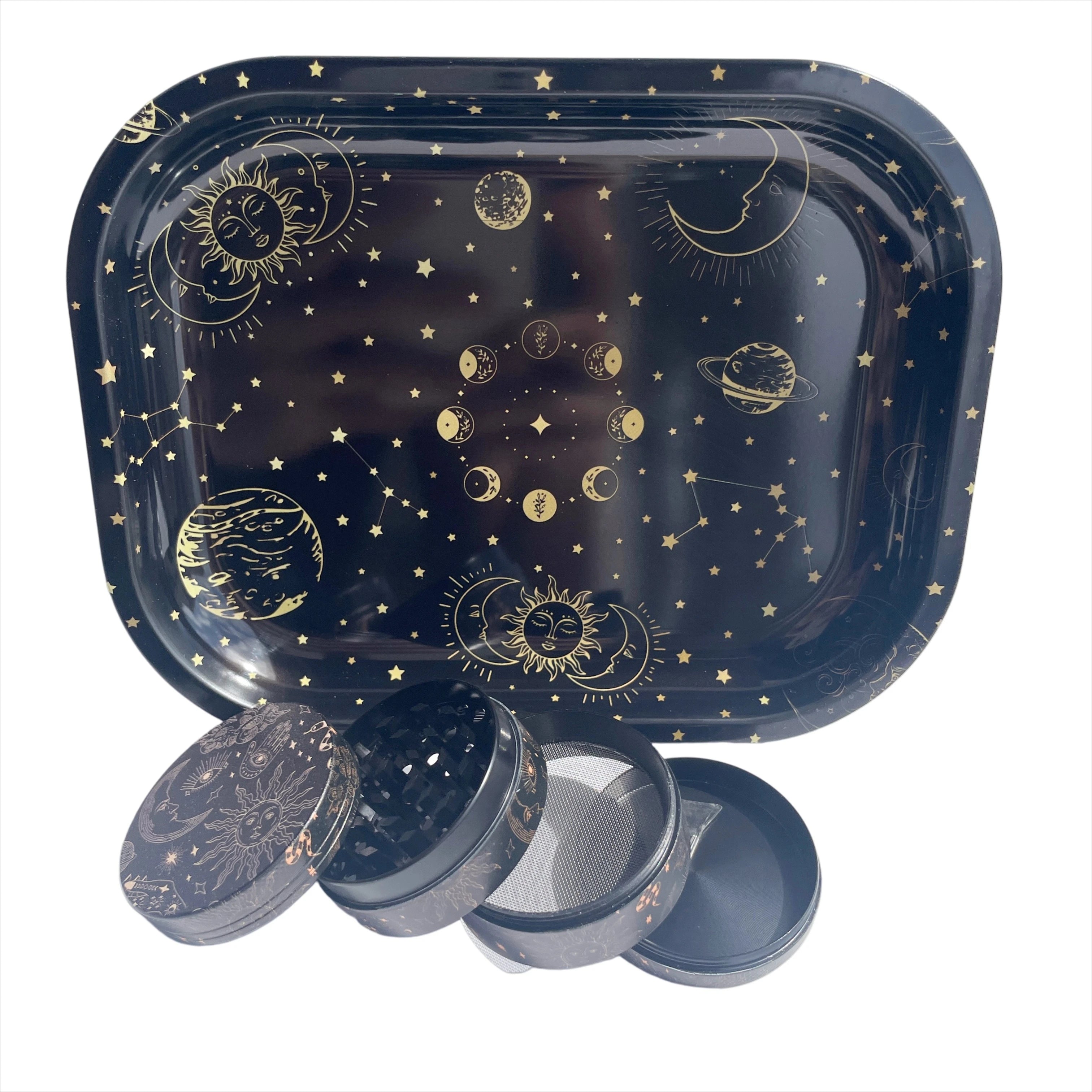 2pcs Moon and Star Collection Metal Herb Grinder and Rolling Tray Combo Smoking Set