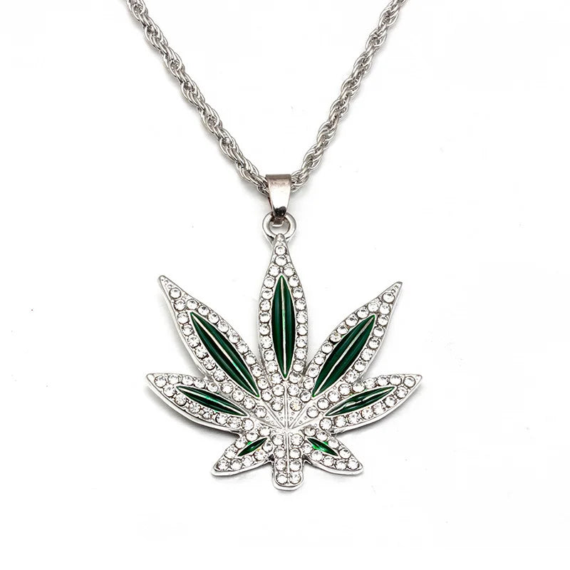 Rhinestone Weed Pendant Necklace Men Maple Leaf Necklaces Gold Color Chains for Boys Male Steampunk Jewelry