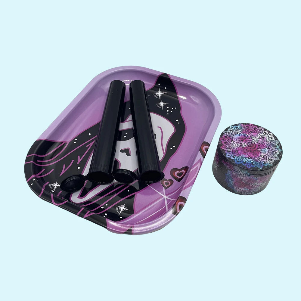 18cmx14cm Herb Tobacco Rolling Tray Set Storage Tube Ash Tray 50mm Metal Herbal Grinder Kit Smoking Accessories