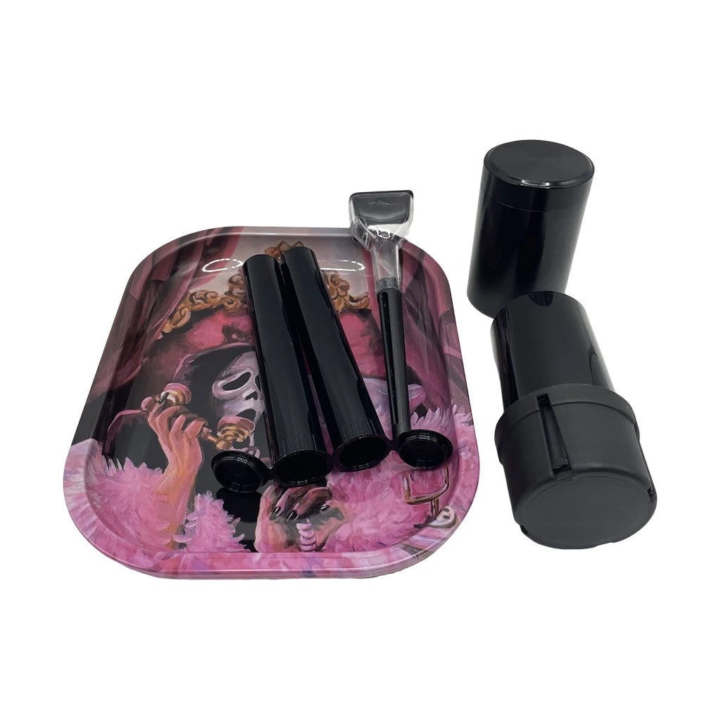 6 Packs Tobacco Metal Rolling Tray Kit 50mm Grass Grinder Crusher Smoke Herbal Set 116mm Plastic Cigar Storage Tube Container