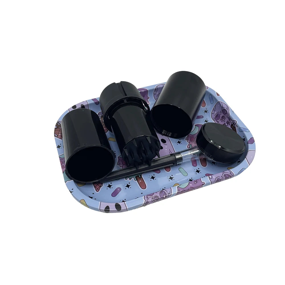 6 Packs Tobacco Metal Rolling Tray Kit 50mm Grass Grinder Crusher Smoke Herbal Set 116mm Plastic Cigar Storage Tube Container