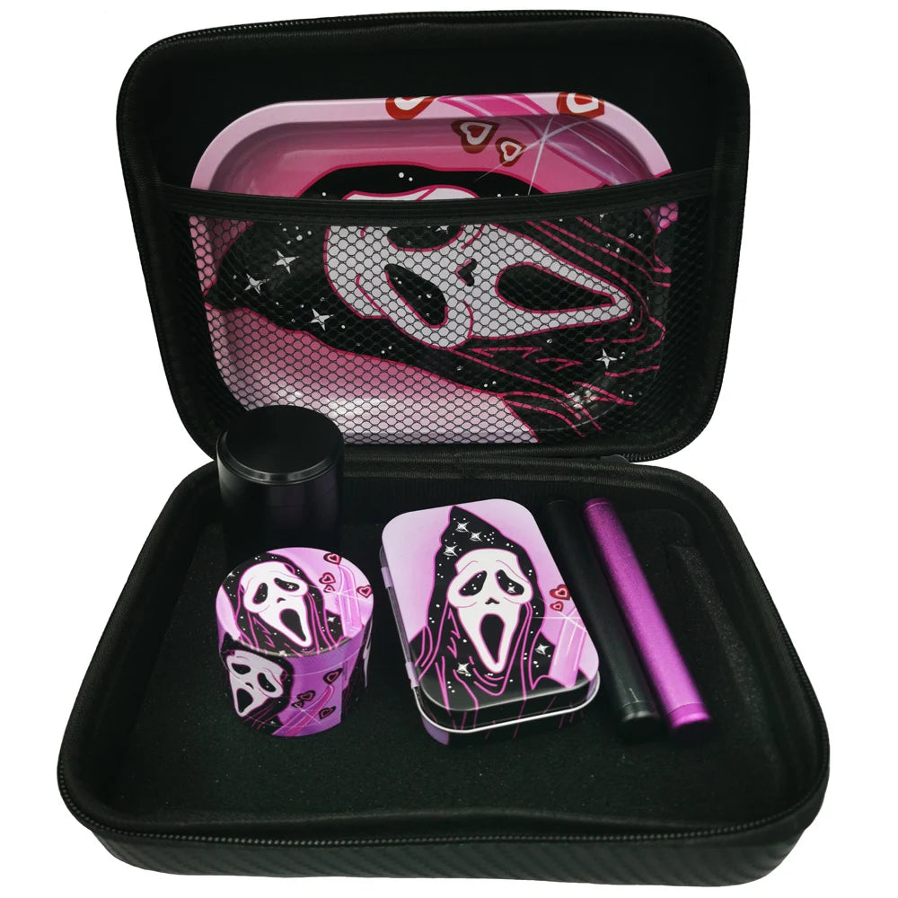 Ghost 50MM Metal Smoke Grinder With 18X14CM Metal Rolling Tray Kit Storage Case with 2 Aluminium Tubes Herb Grinder 4 Layer Set