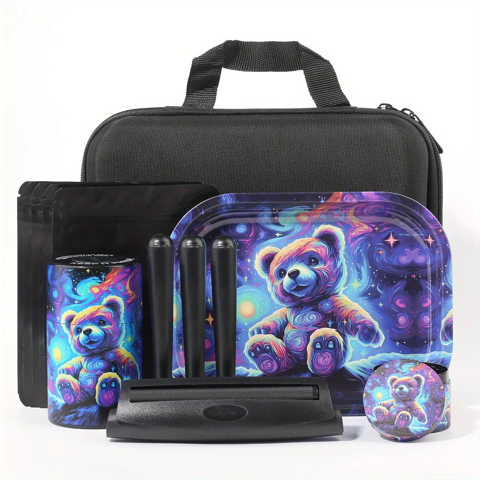 18 Pieces Galaxy Bear Themed Portable Smoking Set, Stash Box Grinder Rolling Tray Machine Smoking Combo