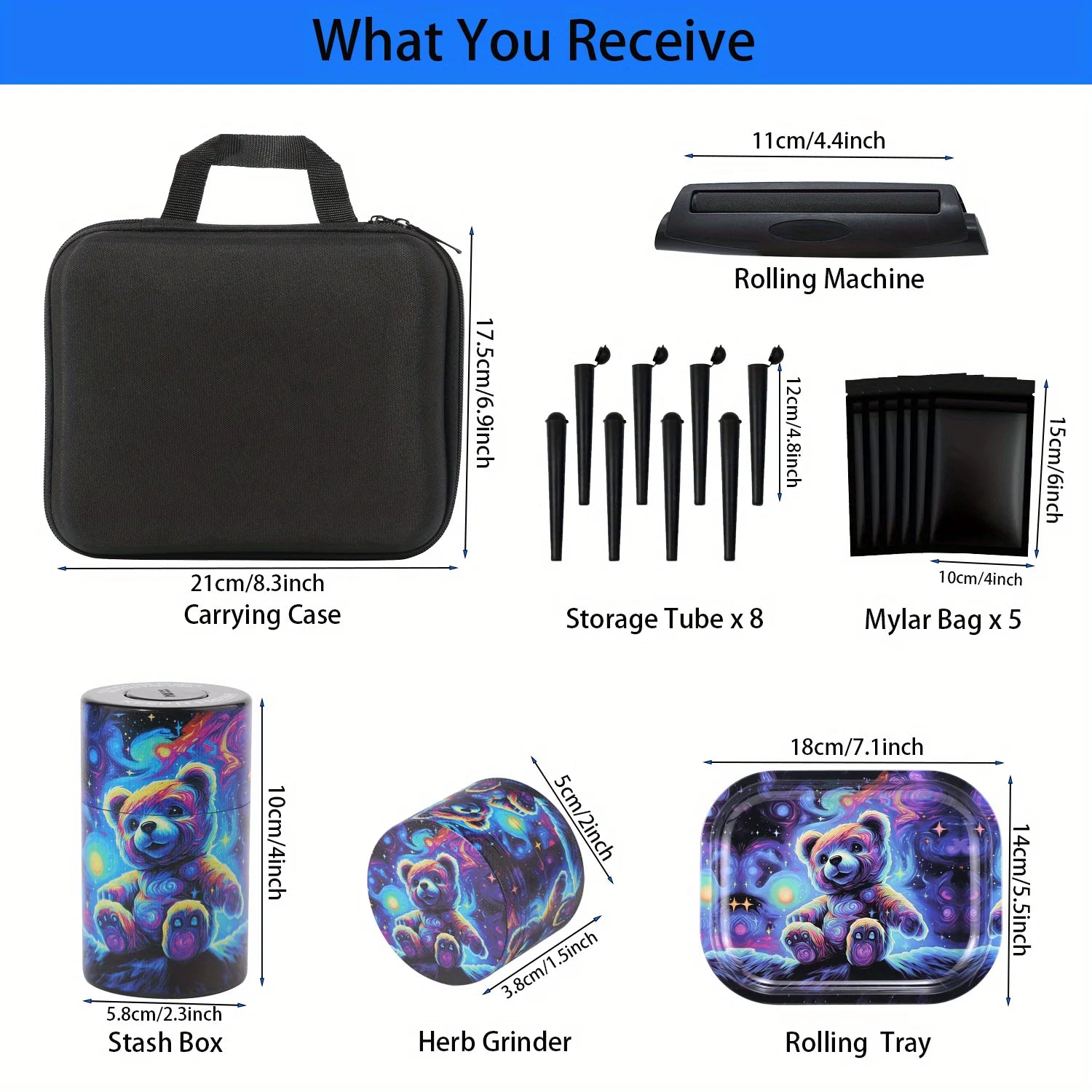 18 Pieces Galaxy Bear Themed Portable Smoking Set, Stash Box Grinder Rolling Tray Machine Smoking Combo