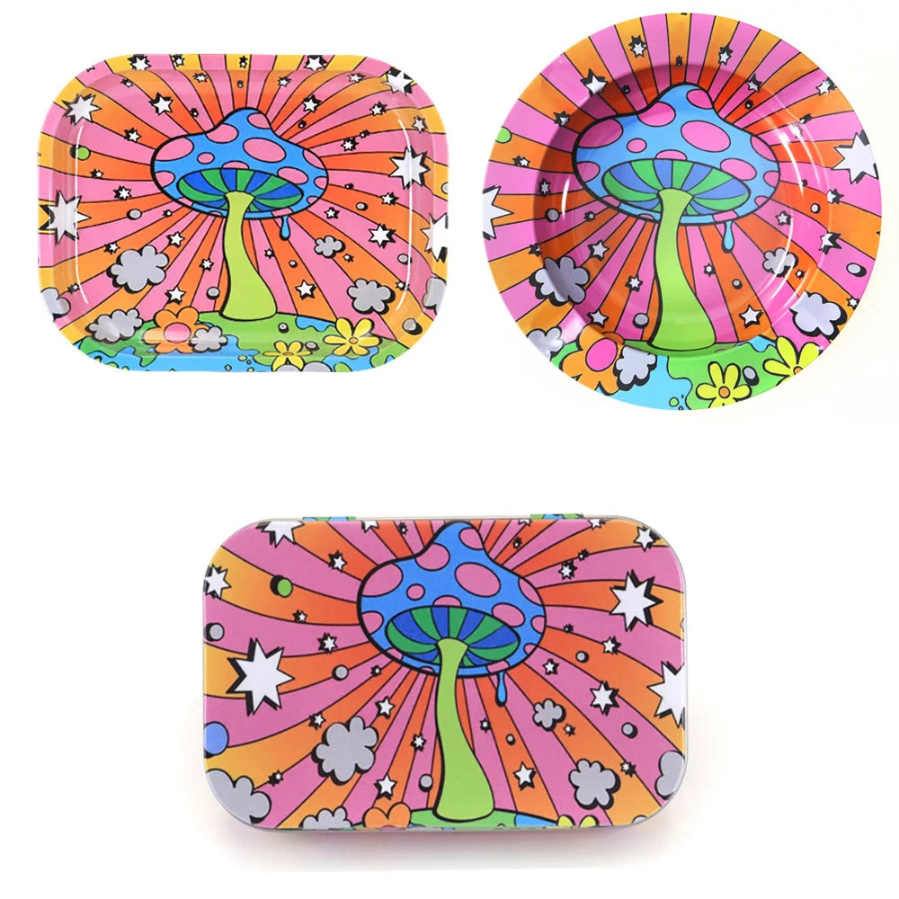 3Pcs 18X14cm Rolling Tray Dish Tin Storage Plate with Cigarette Case Container Metal Ash Tray Round Tobacco Ashtray Smoking Set