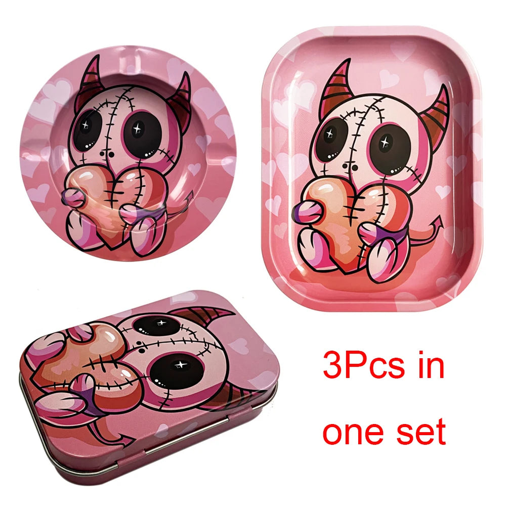 3Pcs Metal Tobacco Round Ashtray Cigarette Case with 18X14cm Rolling Tray Dish Tin Storage Container Plate Smoking Accessory Set