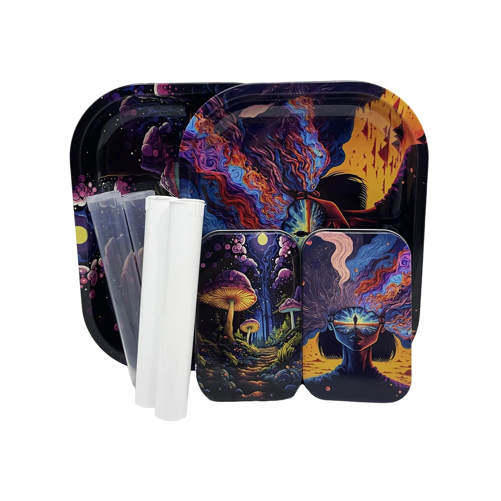 4PCS/Set 18x14cm Tobacco Metal Rolling Tray with Cigar Case Waterproof Sealed Container Tinplate Box Many Patterns Smoking Acces