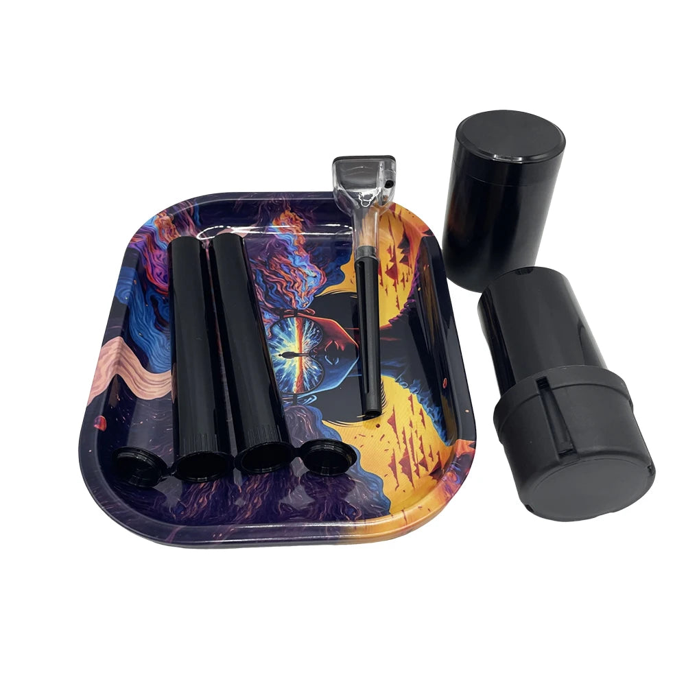 6 Packs Tobacco Metal Rolling Tray Kit 50mm Grass Grinder Crusher Smoke Herbal Set 116mm Plastic Cigar Storage Tube Container
