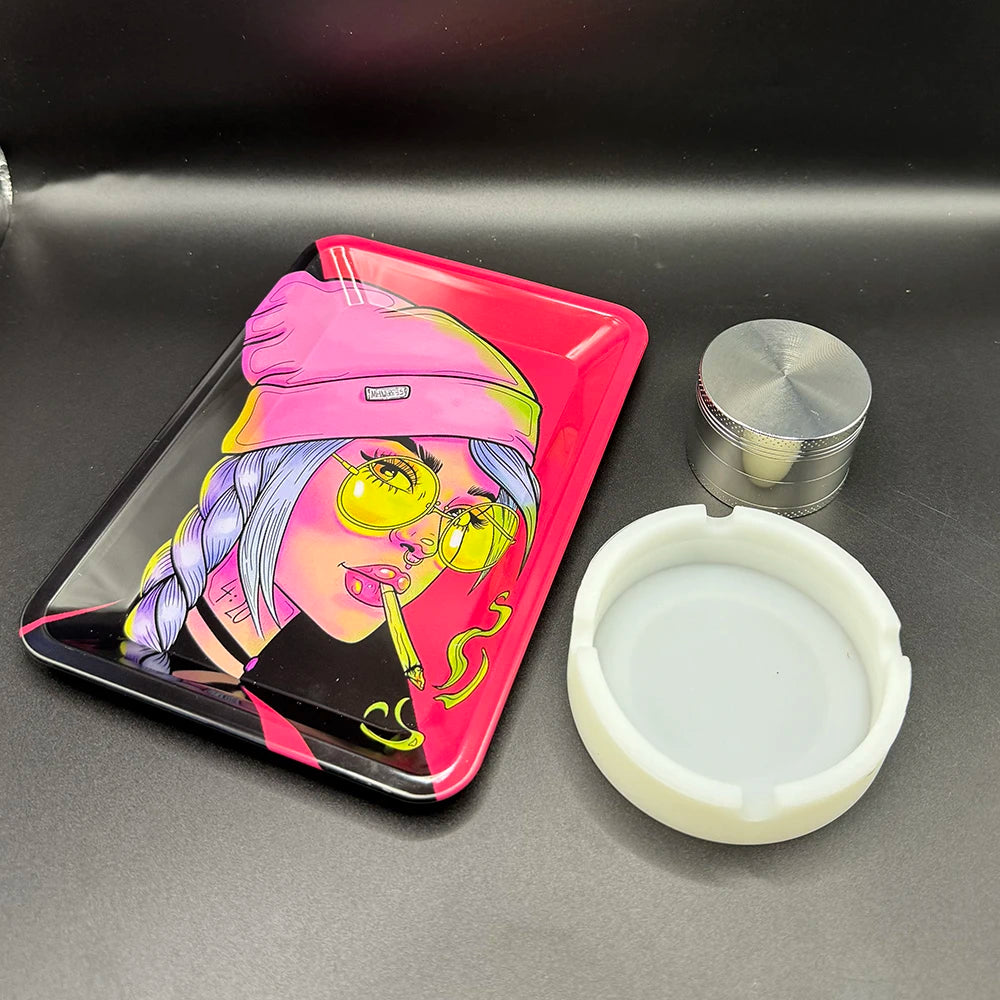 50mm Tobacco Herbal Grinder Kit Herb 180x125mm Metal Rolling Tray Set Cigar Ash Tray Tinplate Ashtray Smoking Accessories