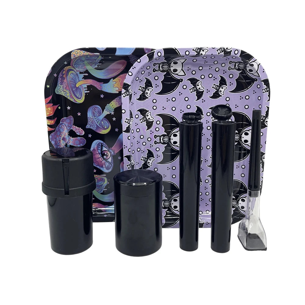 6 Packs Tobacco Metal Rolling Tray Kit 50mm Grass Grinder Crusher Smoke Herbal Set 116mm Plastic Cigar Storage Tube Container