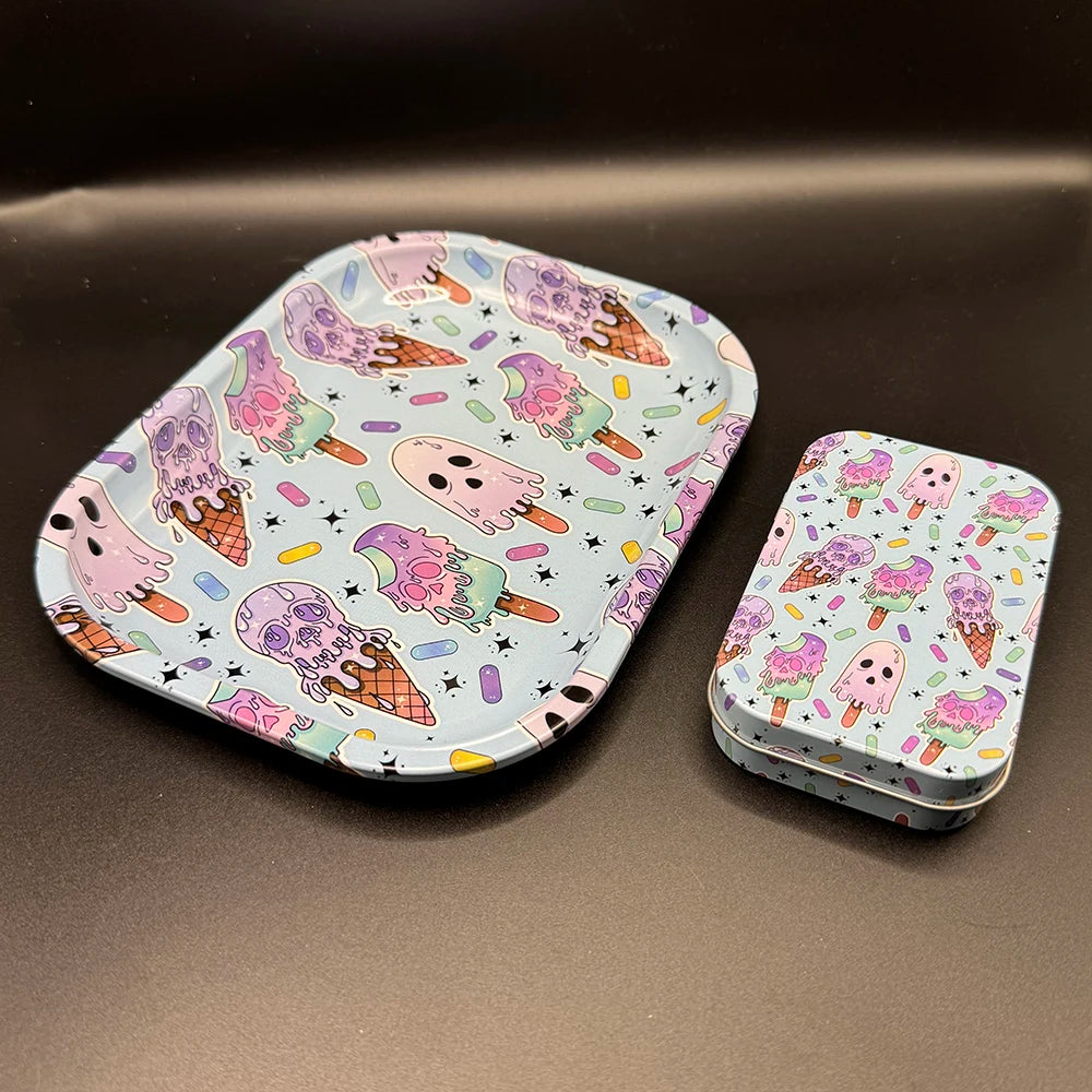 2PCS/Set Rolling Tray Tinplate Box Cigar Case with 18x14cm Tobacco Metal Rolling Tray Many Patterns Smoking Accessories