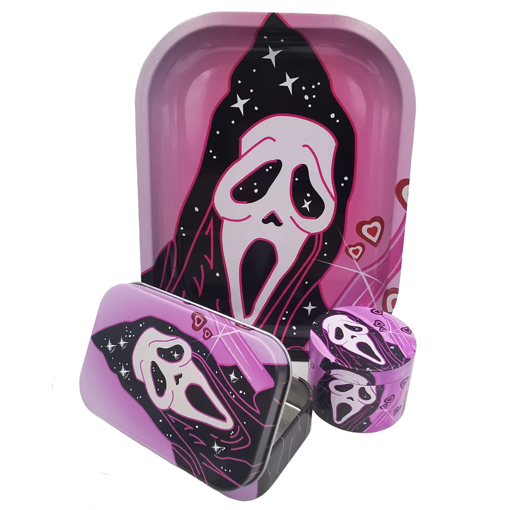 Ghost 50MM Metal Smoke Grinder With 18X14CM Metal Rolling Tray Kit Storage Case with 2 Aluminium Tubes Herb Grinder 4 Layer Set