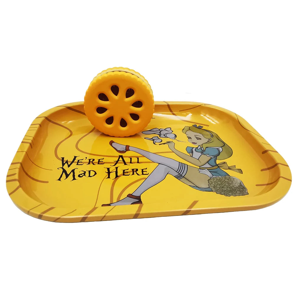 Cookie Metal Grinder Shape 55mm Biscuit  Grinder with Tinplate Rolling Tray 7x5.5" Kit Crusher 2 Layer Dried Flowers  Grass Set