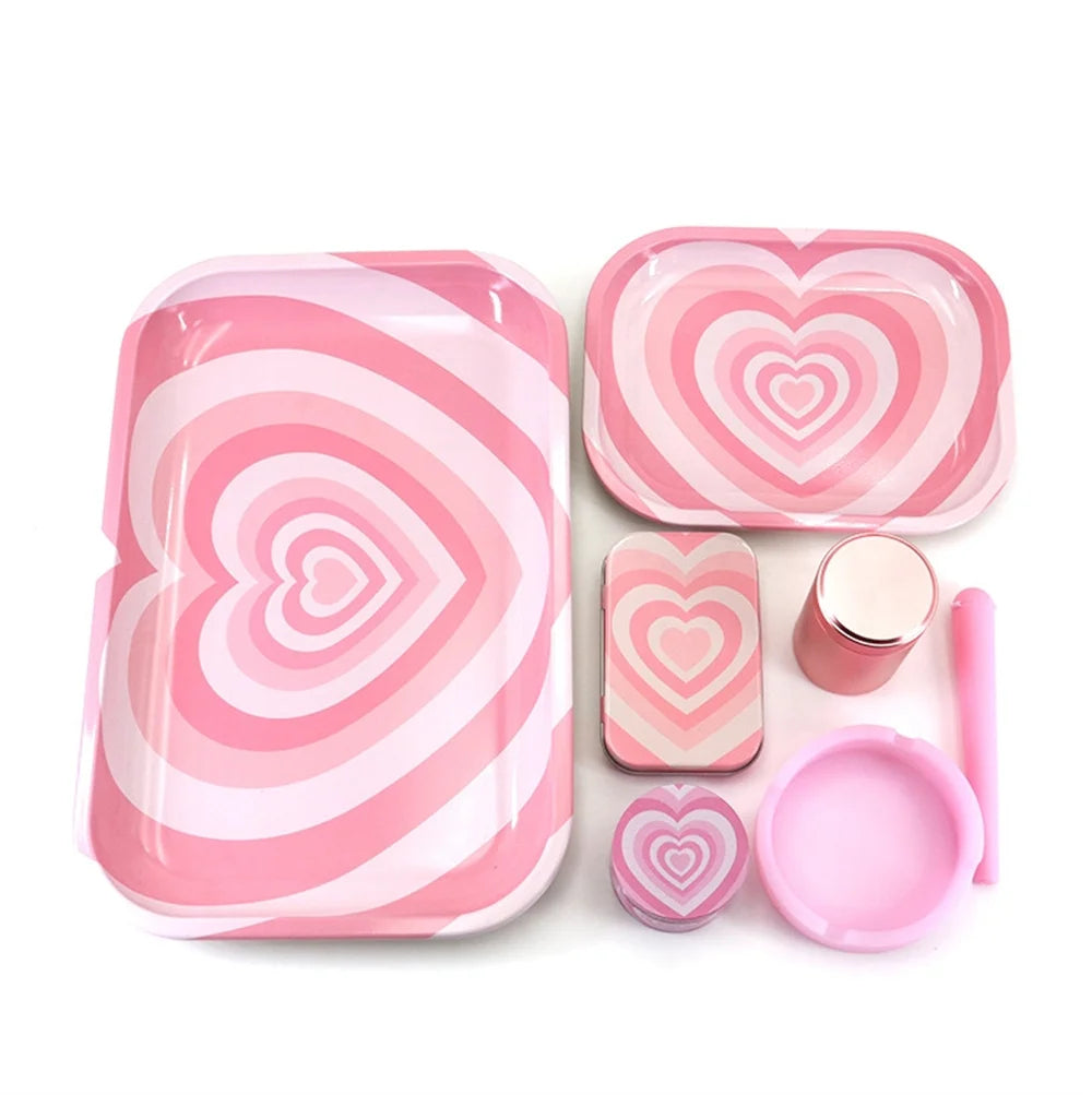 7pcs/set Pink Love Pattern Smoking Set Metal Rolling Tray Tobacco Herb Herbal Grinder Ashtray Tin Box Gifts  Smoking Accessory