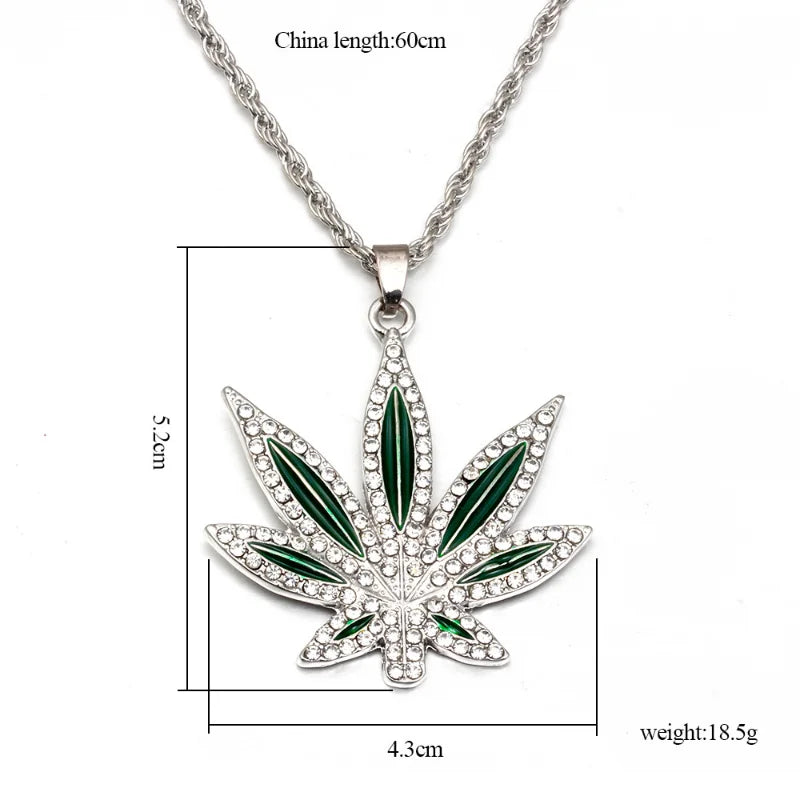 Rhinestone Weed Pendant Necklace Men Maple Leaf Necklaces Gold Color Chains for Boys Male Steampunk Jewelry