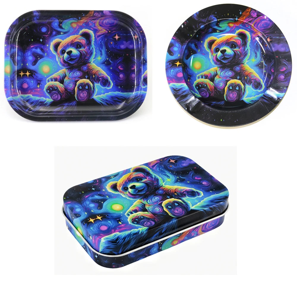 3Pcs 18X14cm Rolling Tray Dish Tin Storage Plate with Cigarette Case Container Metal Ash Tray Round Tobacco Ashtray Smoking Set