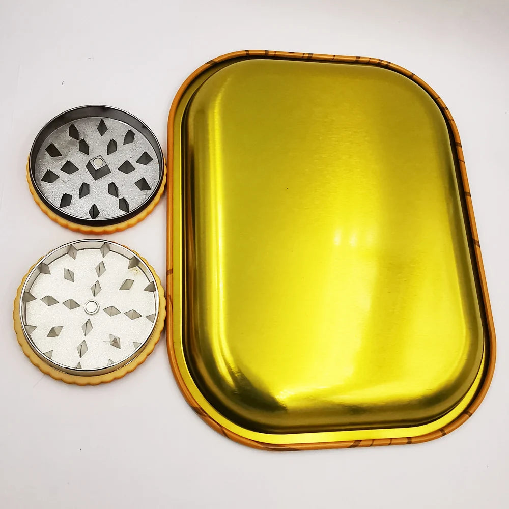 Cookie Metal Grinder Shape 55mm Biscuit  Grinder with Tinplate Rolling Tray 7x5.5" Kit Crusher 2 Layer Dried Flowers  Grass Set
