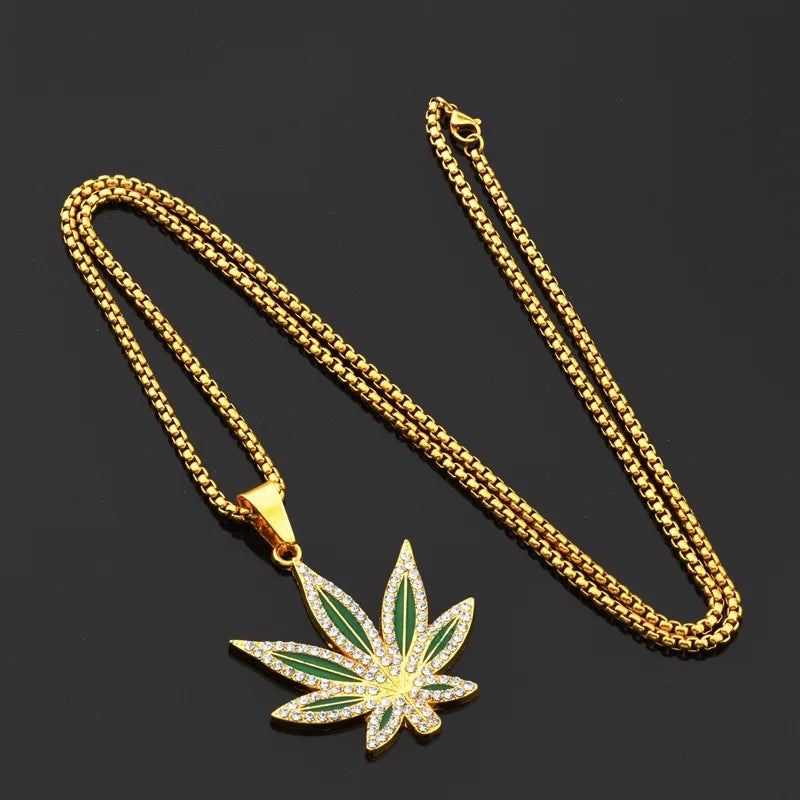 Rhinestone Weed Pendant Necklace Men Maple Leaf Necklaces Gold Color Chains for Boys Male Steampunk Jewelry