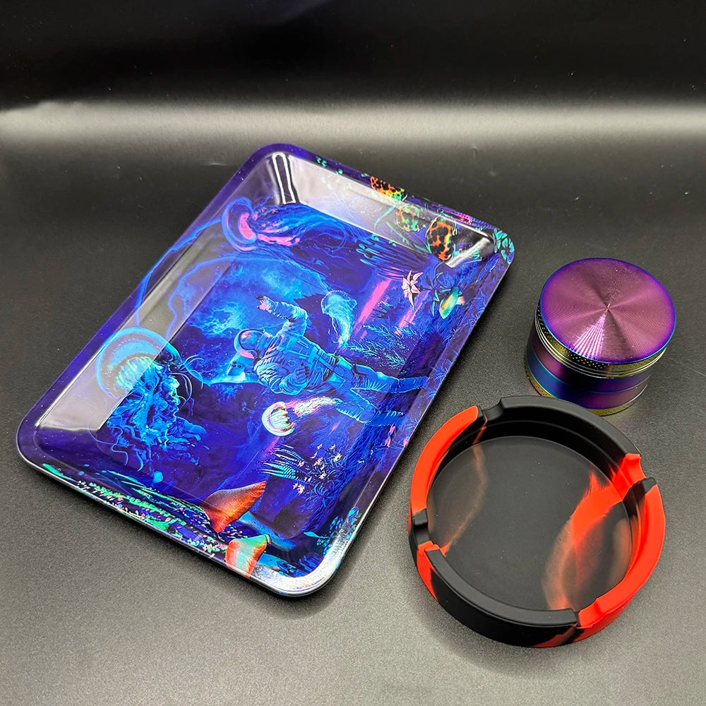 50mm Tobacco Herbal Grinder Kit Herb 180x125mm Metal Rolling Tray Set Cigar Ash Tray Tinplate Ashtray Smoking Accessories