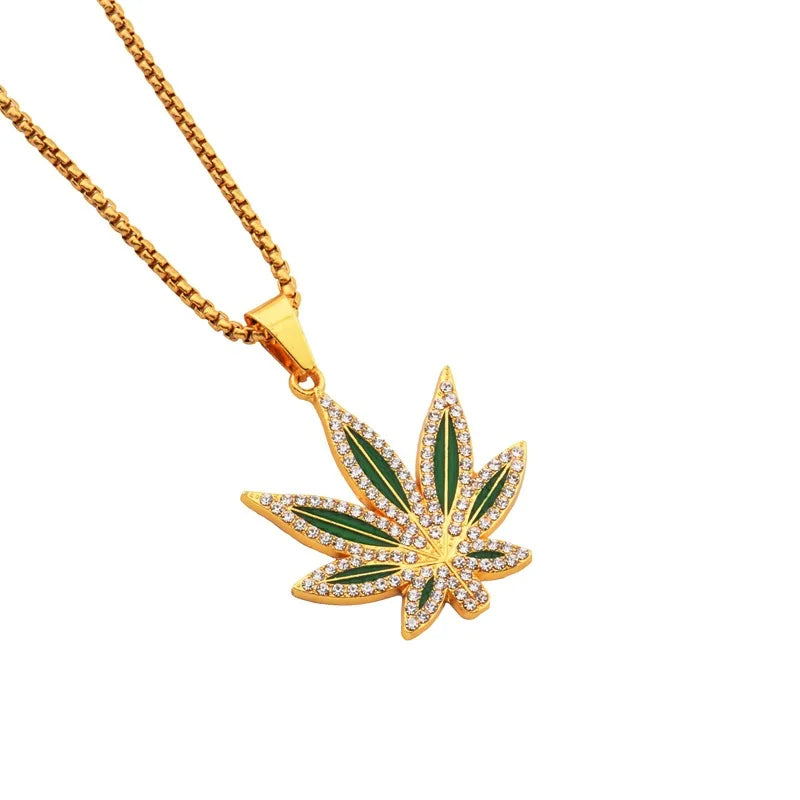 Rhinestone Weed Pendant Necklace Men Maple Leaf Necklaces Gold Color Chains for Boys Male Steampunk Jewelry