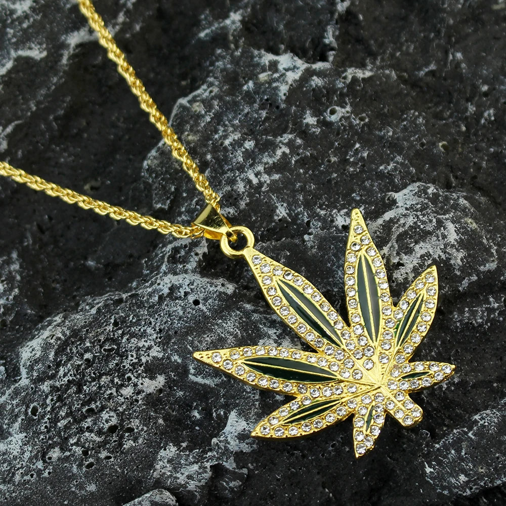 Rhinestone Weed Pendant Necklace Men Maple Leaf Necklaces Gold Color Chains for Boys Male Steampunk Jewelry