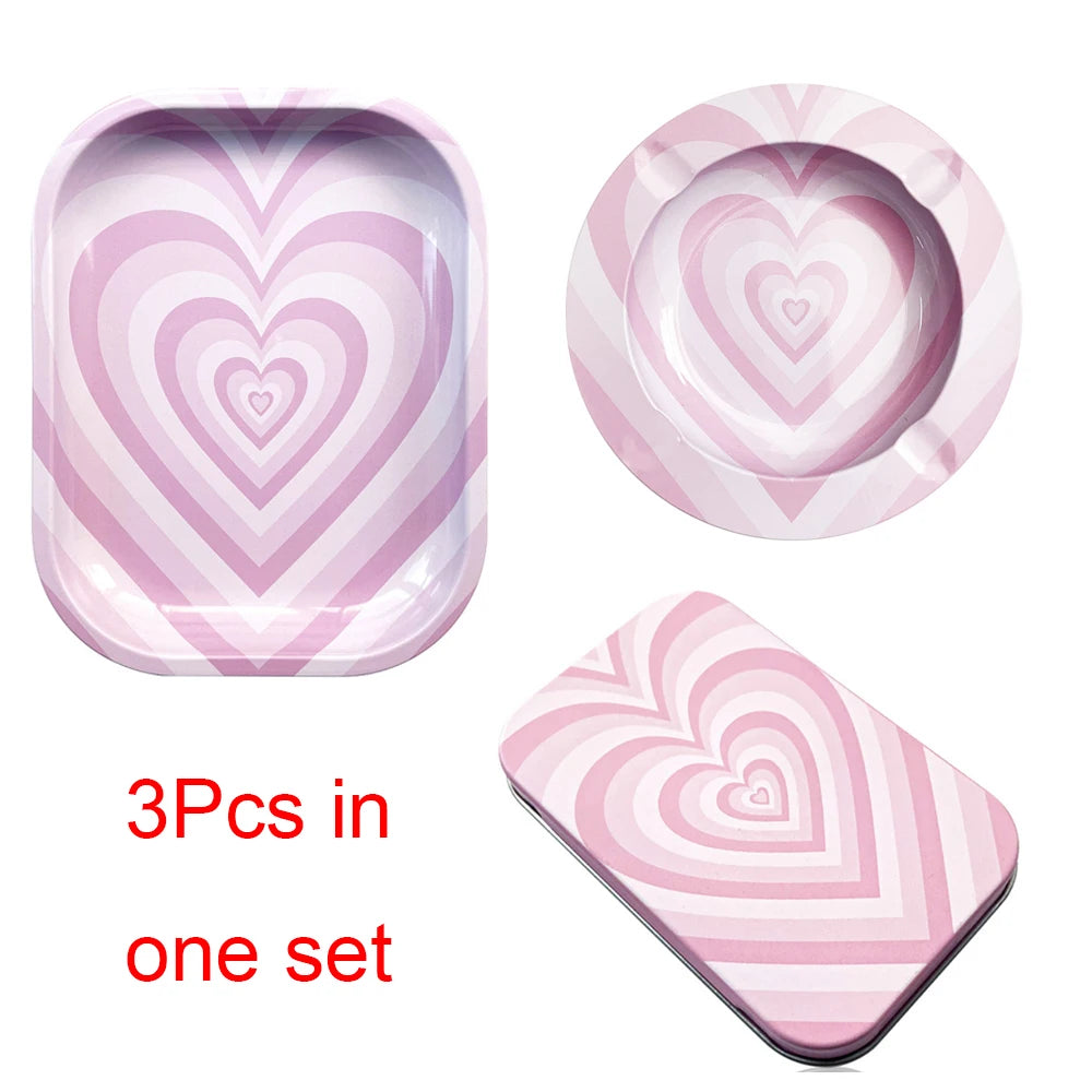 3Pcs Metal Tobacco Round Ashtray Cigarette Case with 18X14cm Rolling Tray Dish Tin Storage Container Plate Smoking Accessory Set