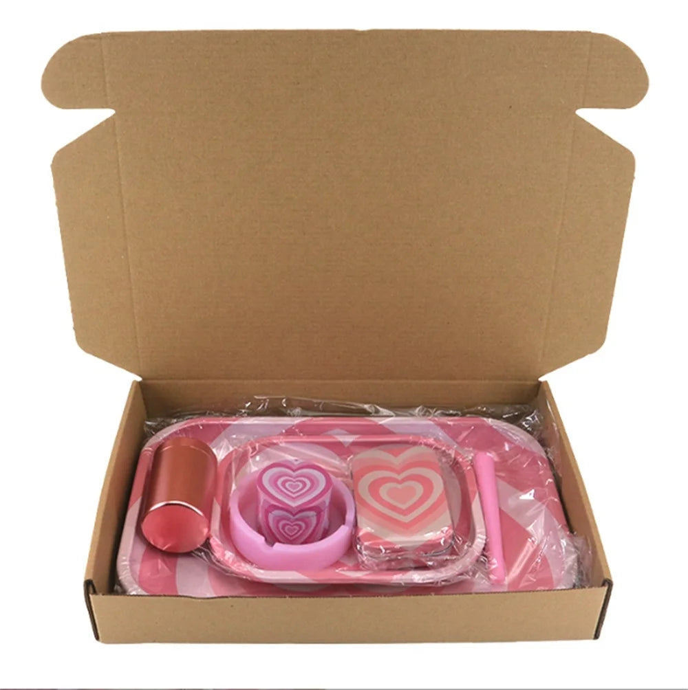 7pcs/set Pink Love Pattern Smoking Set Metal Rolling Tray Tobacco Herb Herbal Grinder Ashtray Tin Box Gifts  Smoking Accessory