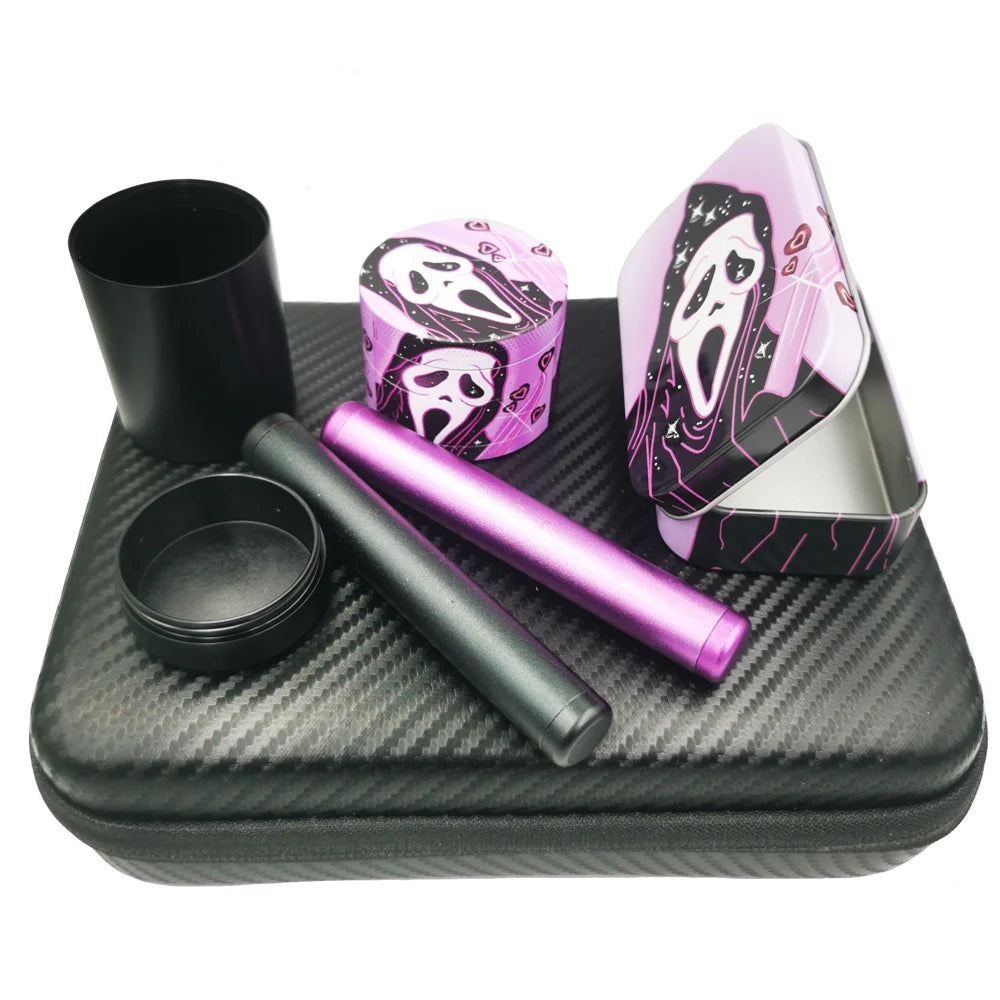 Ghost 50MM Metal Smoke Grinder With 18X14CM Metal Rolling Tray Kit Storage Case with 2 Aluminium Tubes Herb Grinder 4 Layer Set