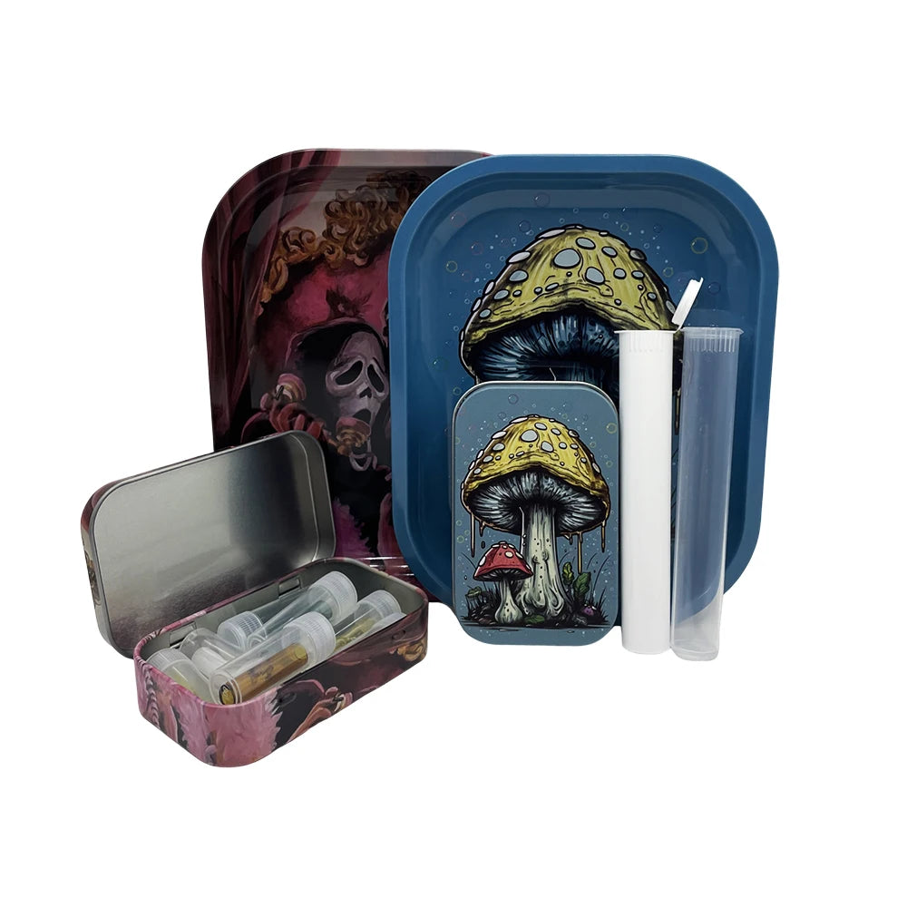 4PCS/Set 18x14cm Tobacco Metal Rolling Tray with Cigar Case Waterproof Sealed Container Tinplate Box Many Patterns Smoking Acces