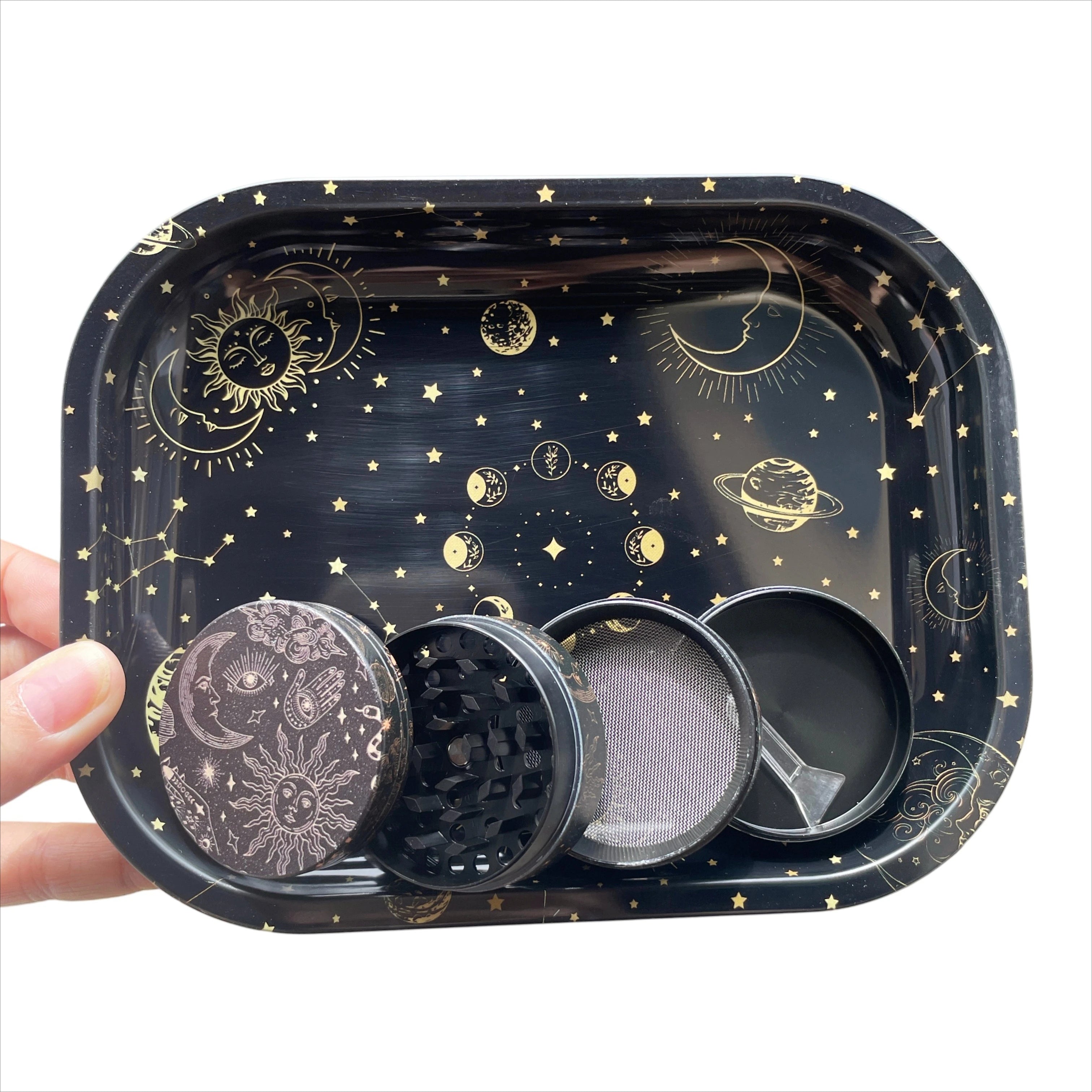 2pcs Moon and Star Collection Metal Herb Grinder and Rolling Tray Combo Smoking Set