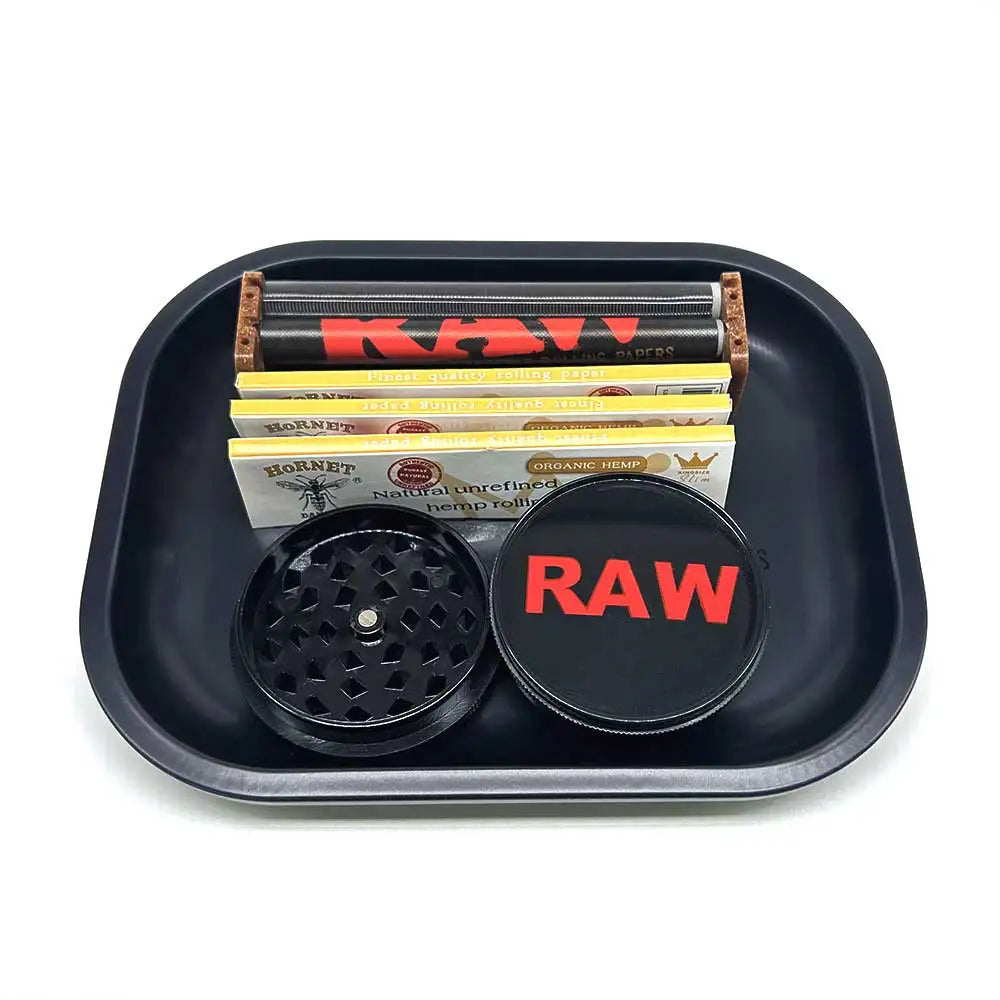 18x12.5cm Metal Tobacco Rolling Tray 6pcs Kit 60MM Plastic Herbal Grinder Set 110mm Rolling Machine Spice Crusher