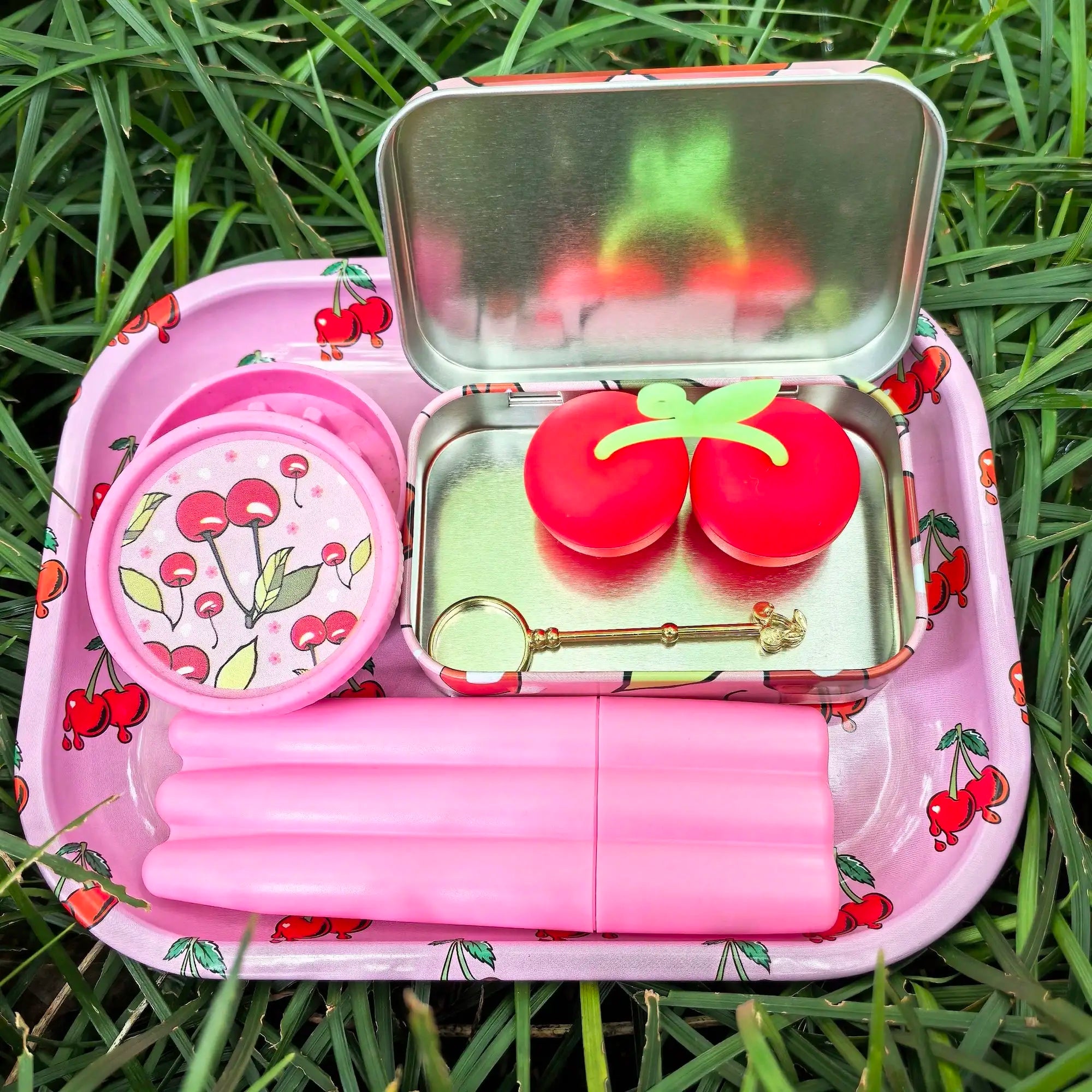 6pcs Cherry Rolling Tray Smoking Set, Includes Grinder, Rolling Tray, Box, Silicone Containers, 3-Tube Containers, Holder