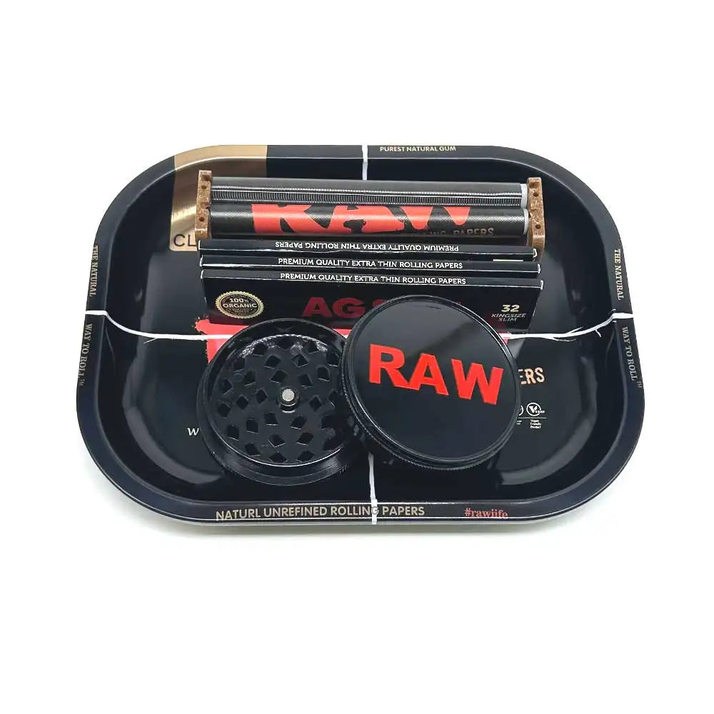 18x12.5cm Metal Tobacco Rolling Tray 6pcs Kit 60MM Plastic Herbal Grinder Set 110mm Rolling Machine Spice Crusher