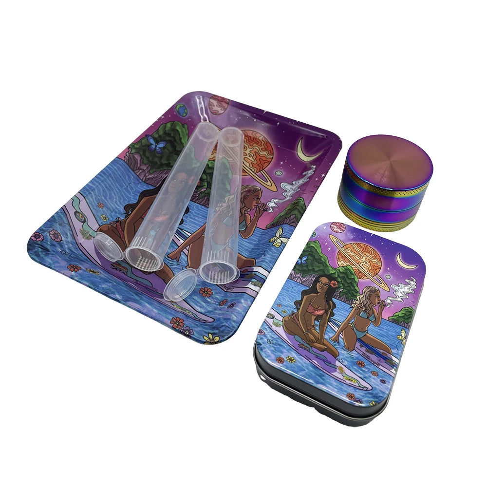 5Pcs/set 116mm Plastic Tobacco Storage Tube Box Container Metal Rolling Tray Grass Grinder Herbal Smoke Crusher Smoking Kit