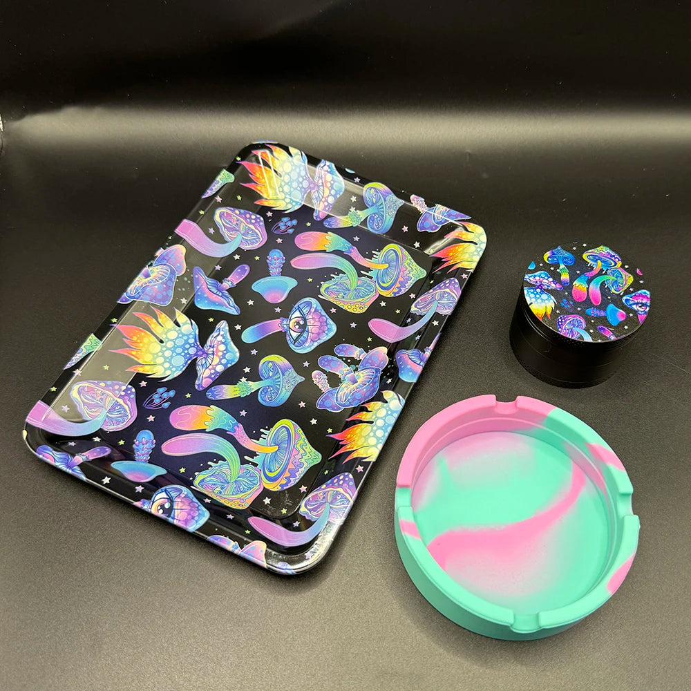 50mm Tobacco Herbal Grinder Kit Herb 180x125mm Metal Rolling Tray Set Cigar Ash Tray Tinplate Ashtray Smoking Accessories