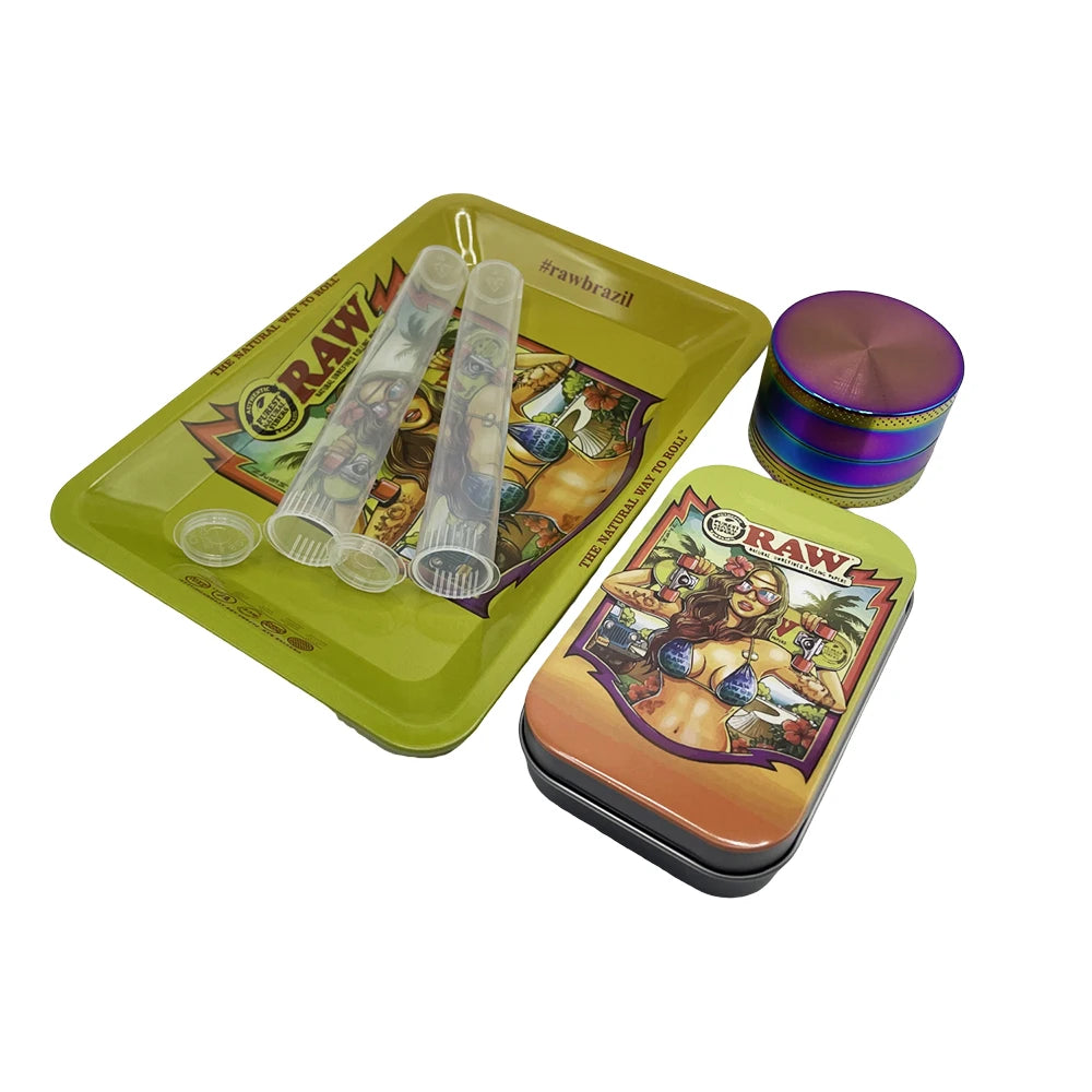 5Pcs/set 116mm Plastic Tobacco Storage Tube Box Container Metal Rolling Tray Grass Grinder Herbal Smoke Crusher Smoking Kit