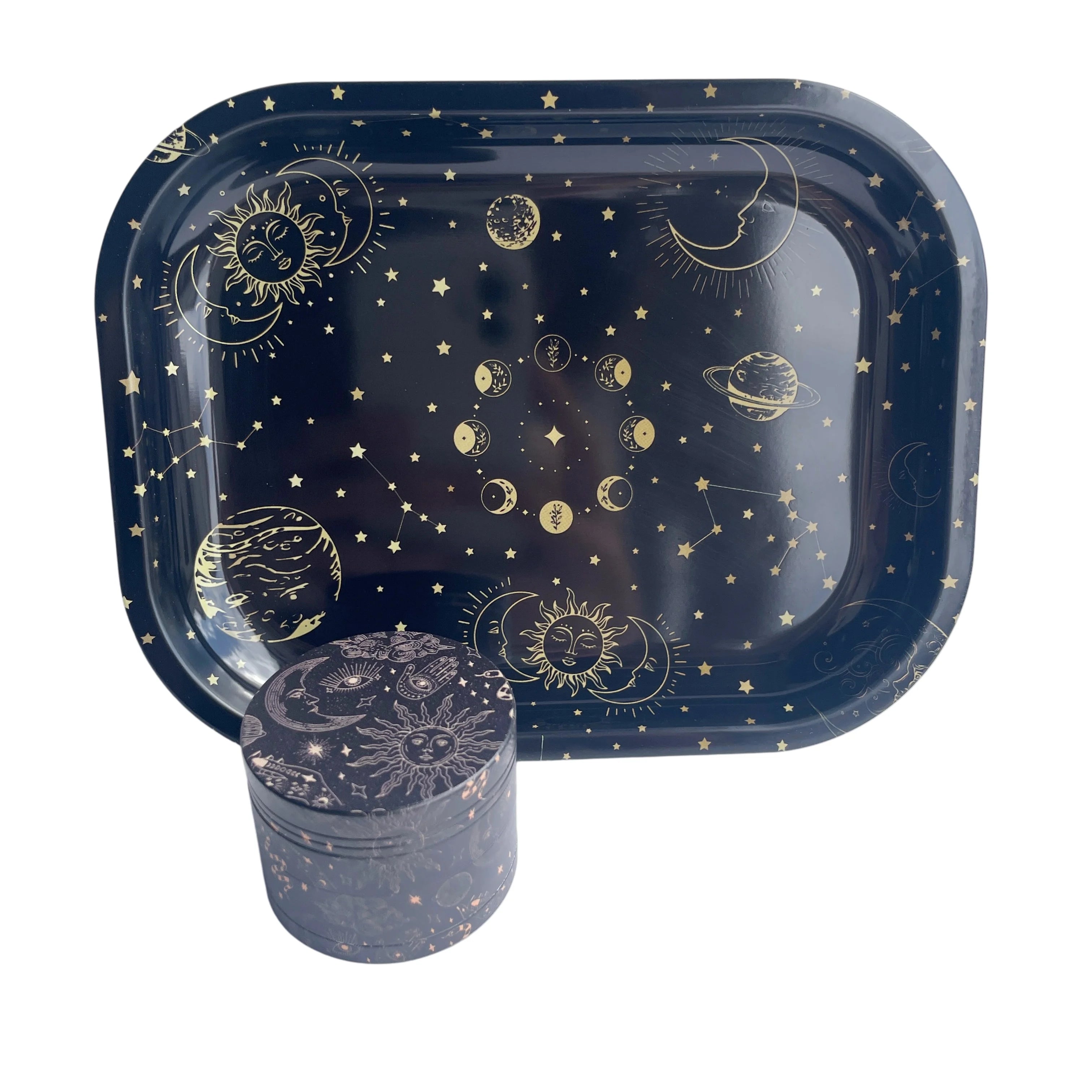 2pcs Moon and Star Collection Metal Herb Grinder and Rolling Tray Combo Smoking Set