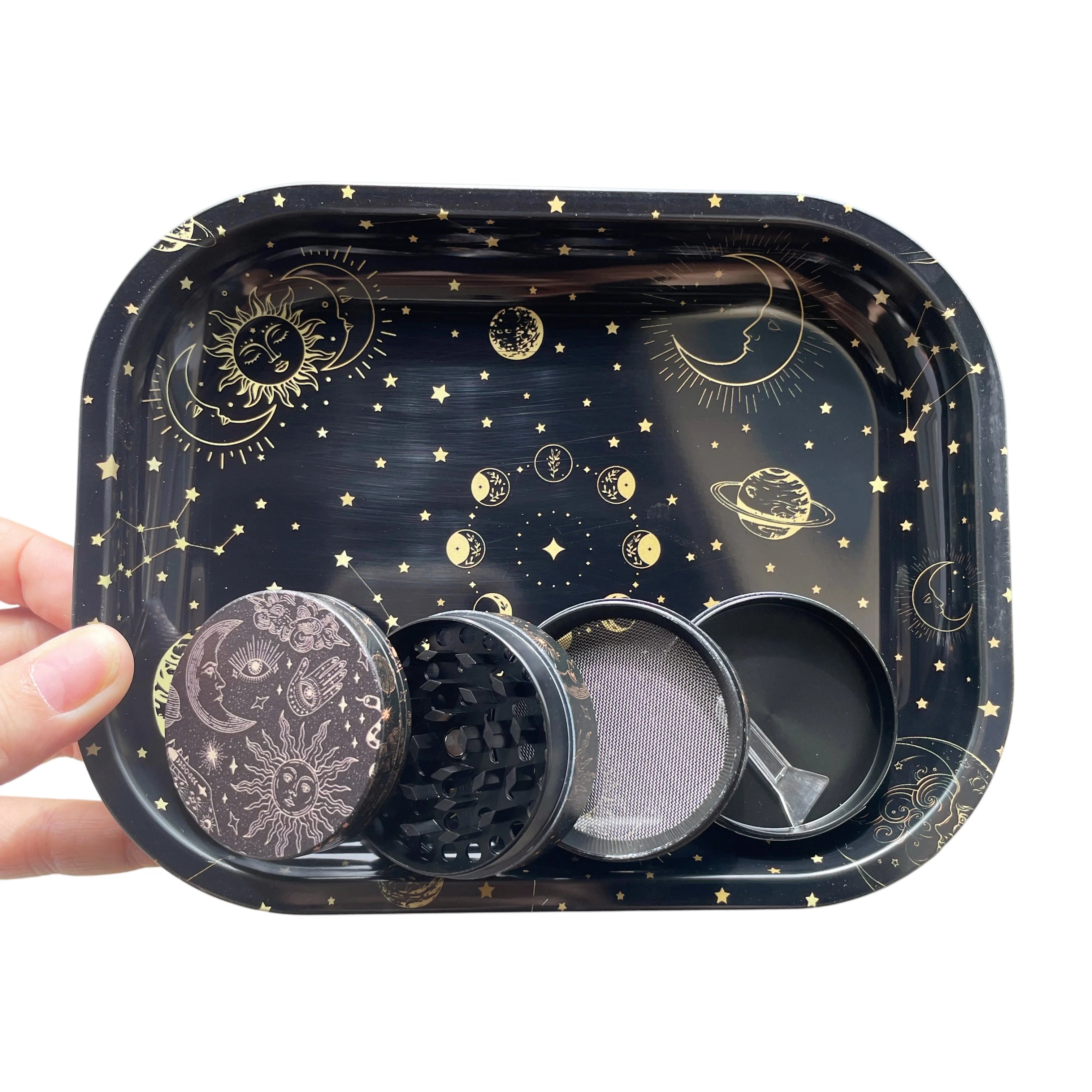 2pcs Moon and Star Collection Metal Herb Grinder and Rolling Tray Combo Smoking Set