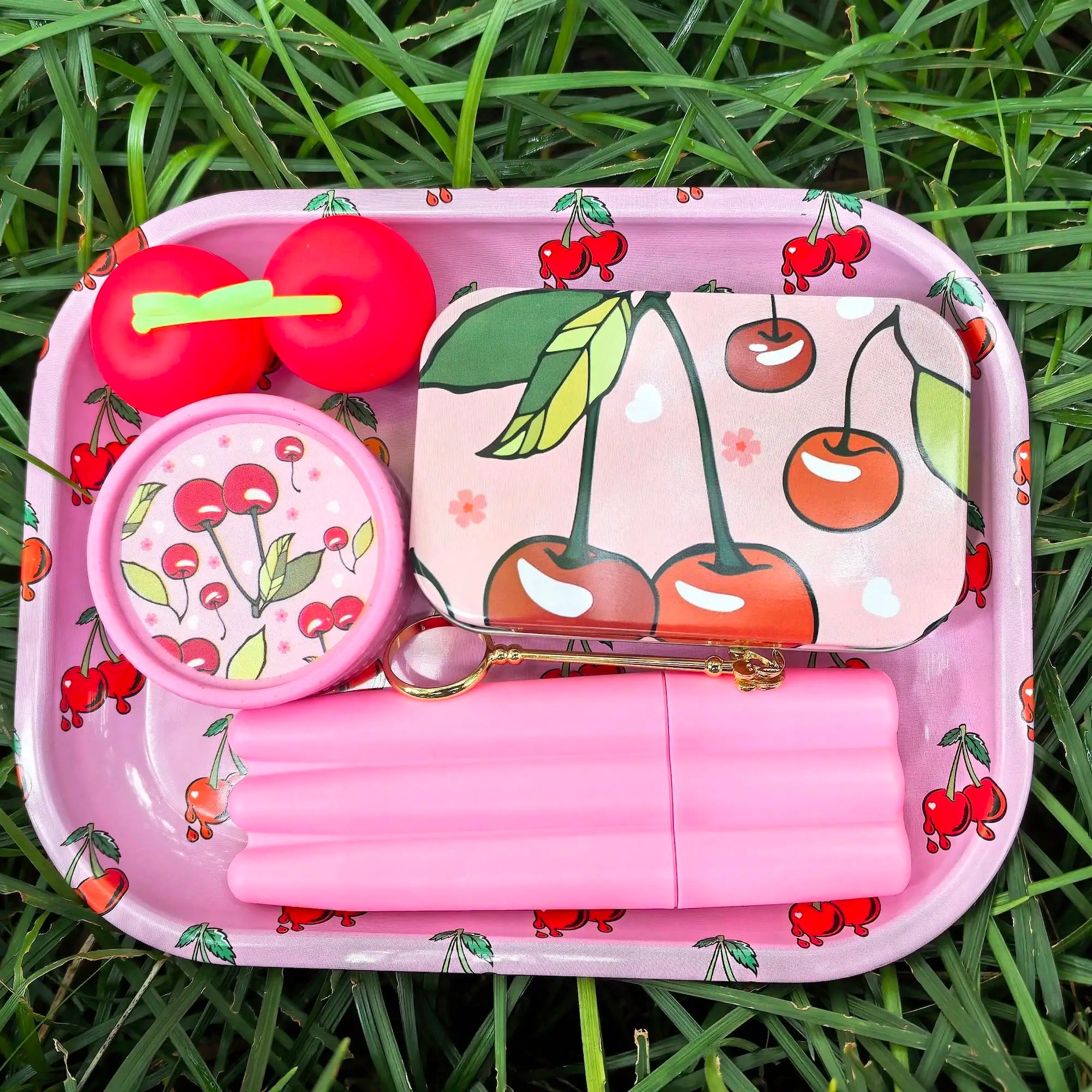 6pcs Cherry Rolling Tray Smoking Set, Includes Grinder, Rolling Tray, Box, Silicone Containers, 3-Tube Containers, Holder