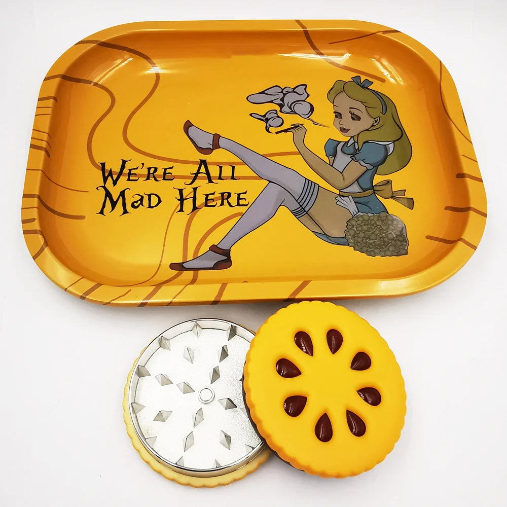 Cookie Metal Grinder Shape 55mm Biscuit  Grinder with Tinplate Rolling Tray 7x5.5" Kit Crusher 2 Layer Dried Flowers  Grass Set