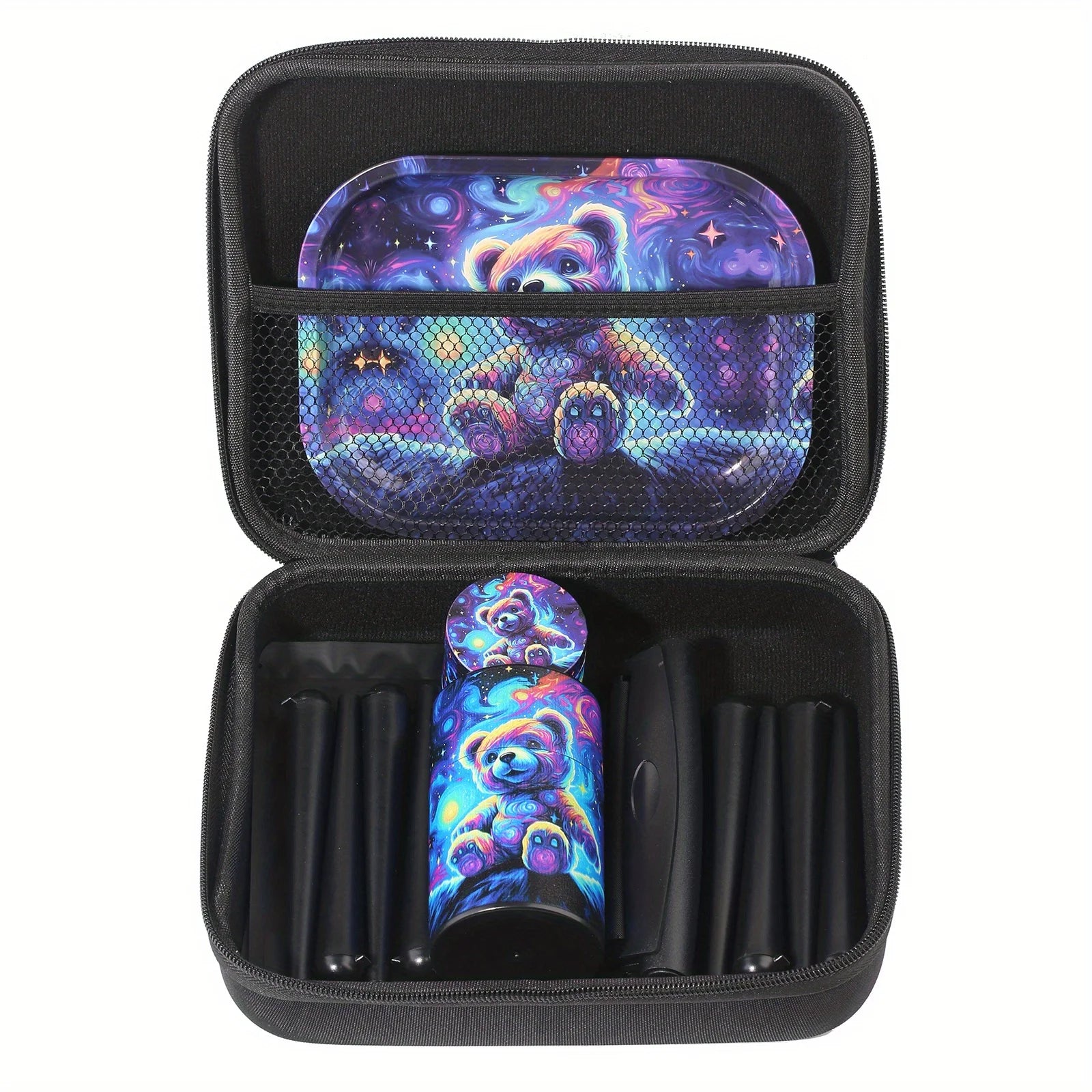 18 Pieces Galaxy Bear Themed Portable Smoking Set, Stash Box Grinder Rolling Tray Machine Smoking Combo