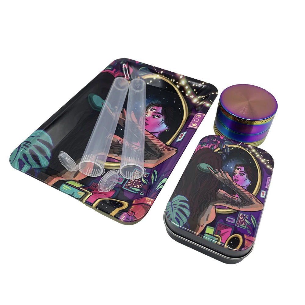 5Pcs/set 116mm Plastic Tobacco Storage Tube Box Container Metal Rolling Tray Grass Grinder Herbal Smoke Crusher Smoking Kit