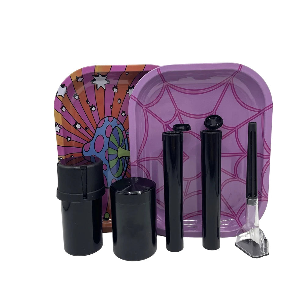 6 Packs Tobacco Metal Rolling Tray Kit 50mm Grass Grinder Crusher Smoke Herbal Set 116mm Plastic Cigar Storage Tube Container