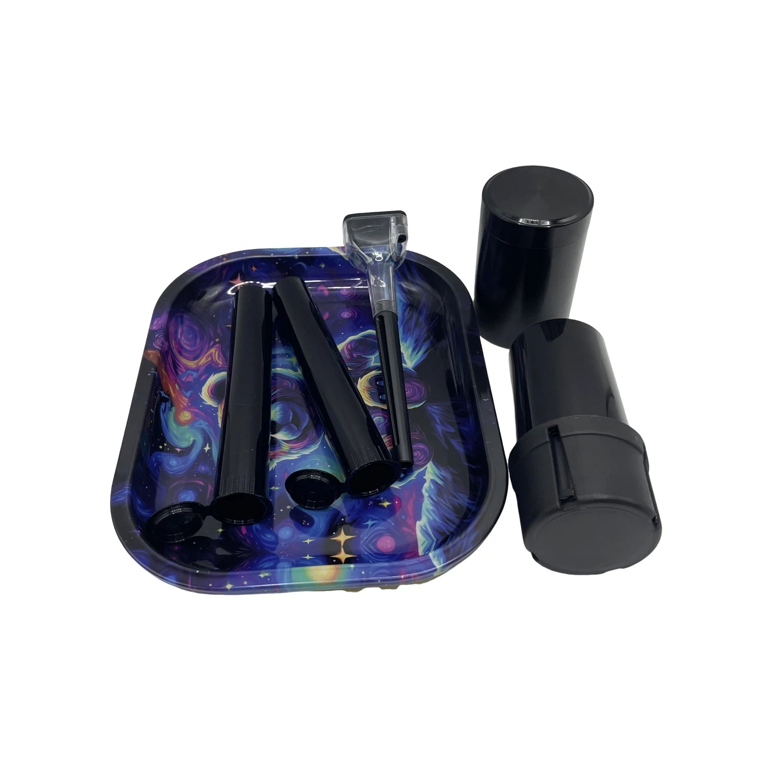 6 Packs Tobacco Metal Rolling Tray Kit 50mm Grass Grinder Crusher Smoke Herbal Set 116mm Plastic Cigar Storage Tube Container