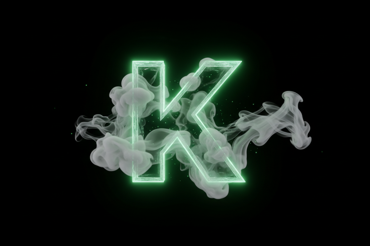 Generate a big green, glowing K with white smoke around it